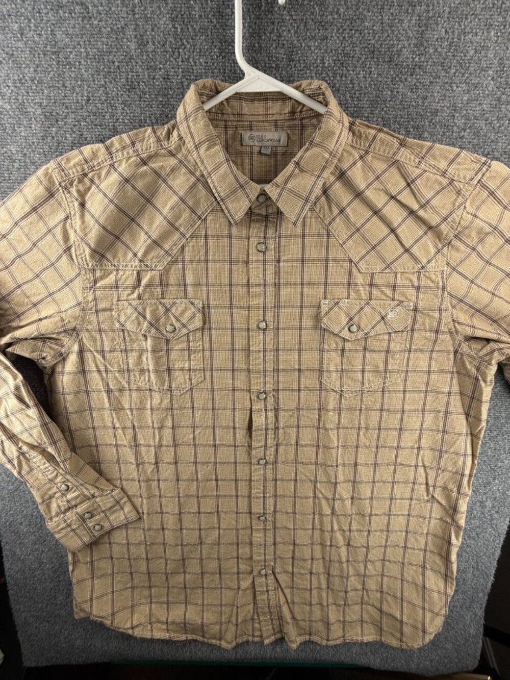 Blue Ranchwear 2XL Beige Long Sleeve Pearl Snap Up Shirt Point Plaid Cotton Men
